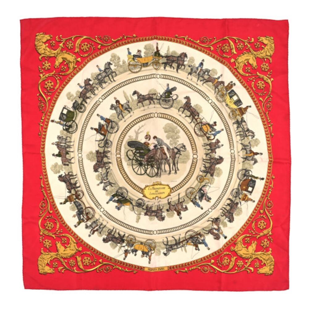 HERMES La Promenade De Longchamps Burgundy, Biege & Gold Silk Scarf 90CM